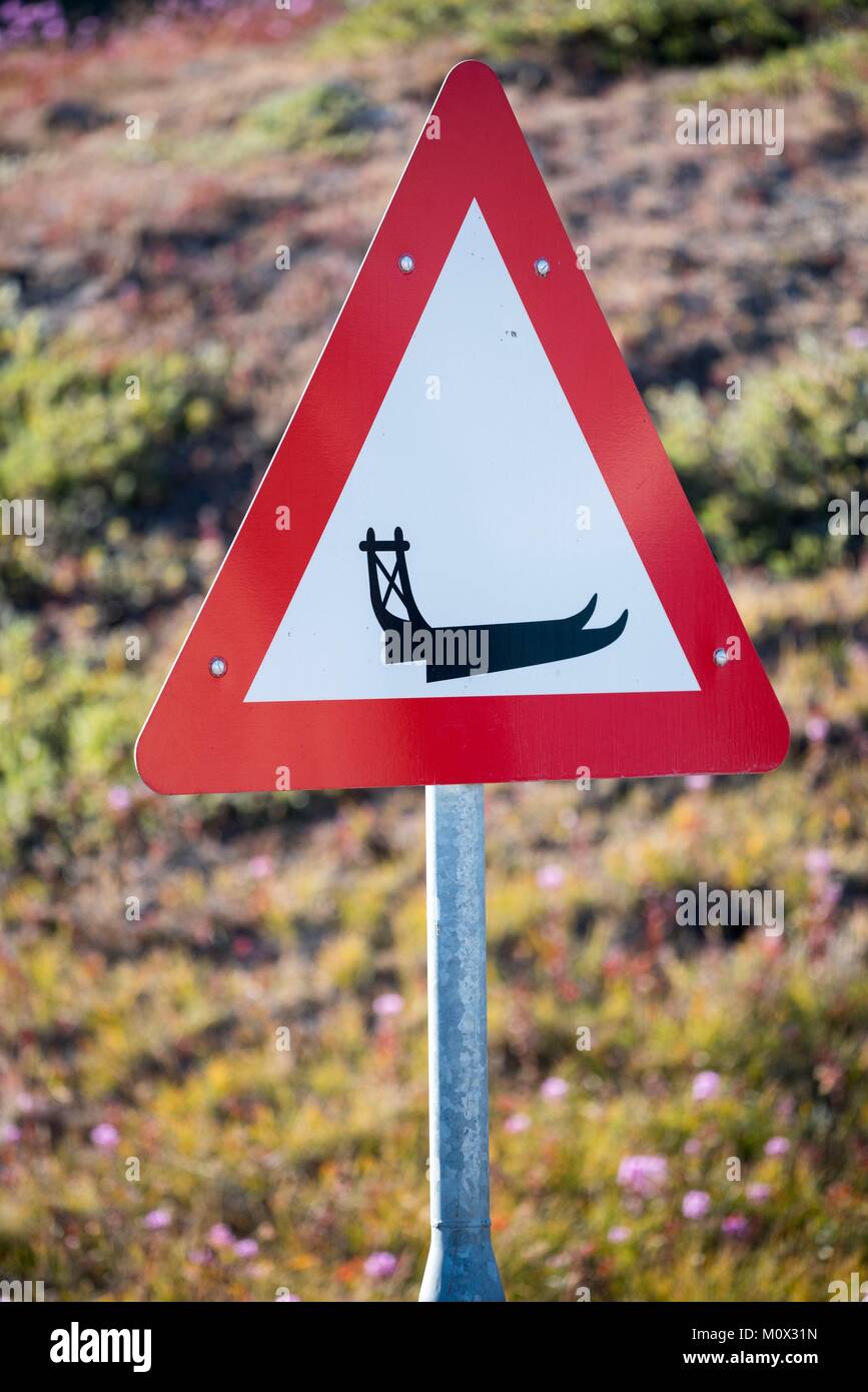 Le Groenland,Sermersooq,Lidköping,panneau d'avertissement de traîneau Banque D'Images