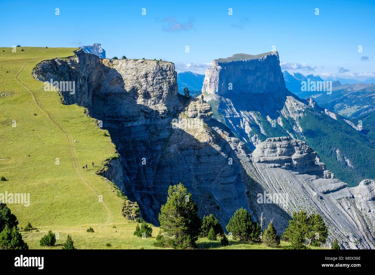 France,Isère,Parc Naturel Régional du Vercors, la réserve naturelle nationale des hauts plateaux du Vercors, Mont Aiguille (alt : 2087 m) et le Ravin des arches sur l'avant-plan Banque D'Images