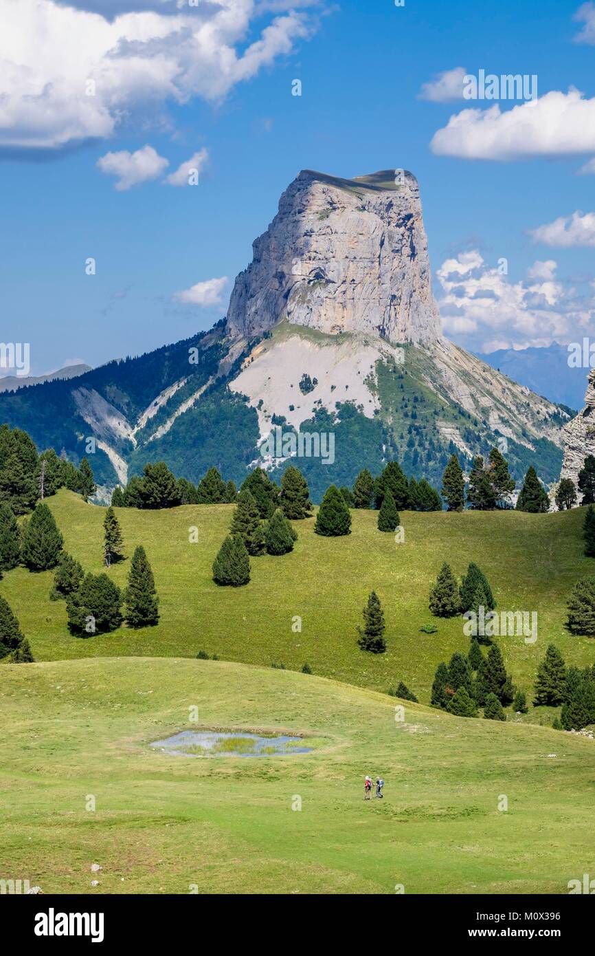 France,Isère,Parc Naturel Régional du Vercors, la réserve naturelle nationale des hauts plateaux du Vercors, Mont Aiguille (alt : 2087 m) vue de Chaumailloux refuge (alt : 1645m) Banque D'Images