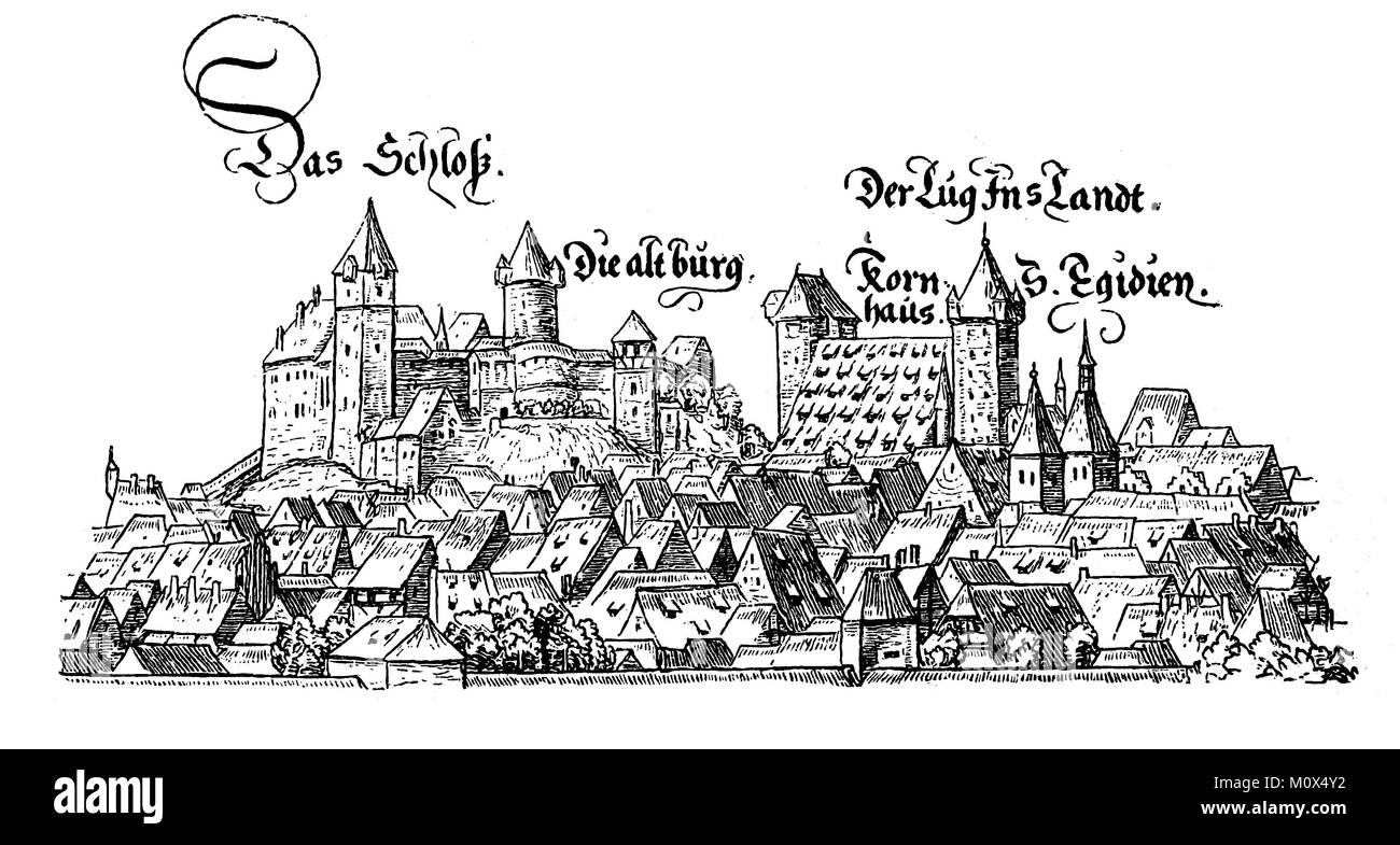 Illustration de l'ancien château et maisons de Nuremberg, le château, le vieux château, le grenier, la tour Lug dans le pays et à l'église Saint Egidien améliorée de fichiers numériques, d'un tirage original de la 19. siècle Banque D'Images
