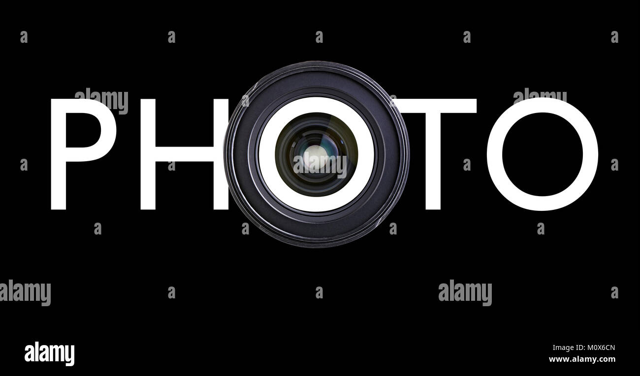 L'appareil photo numérique professionnel objectif grand angle avec texte sur noir Banque D'Images