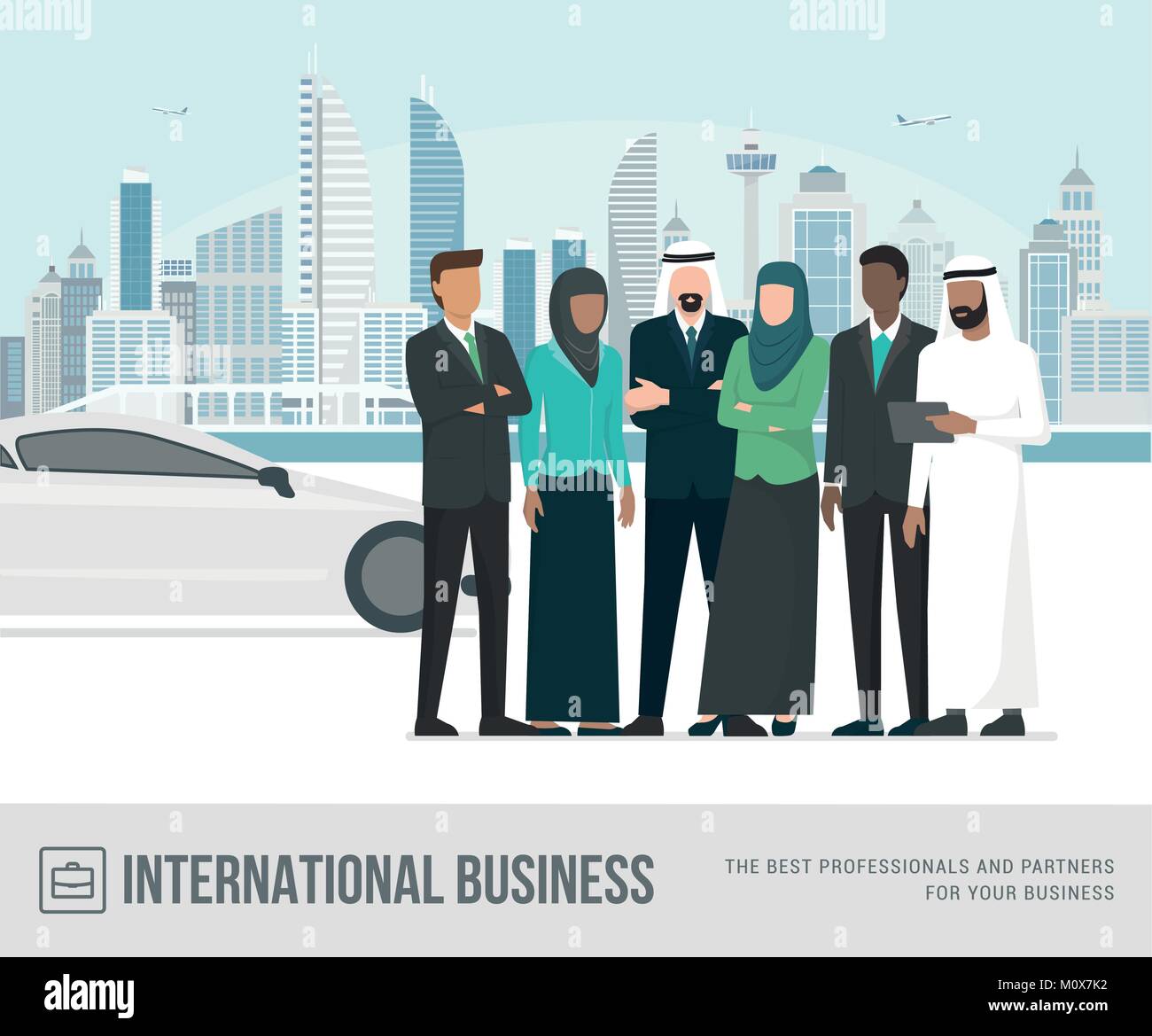 D'affaires arabes musulmans posing together, Metropolis et à la voiture de luxe sur l'arrière-plan Illustration de Vecteur