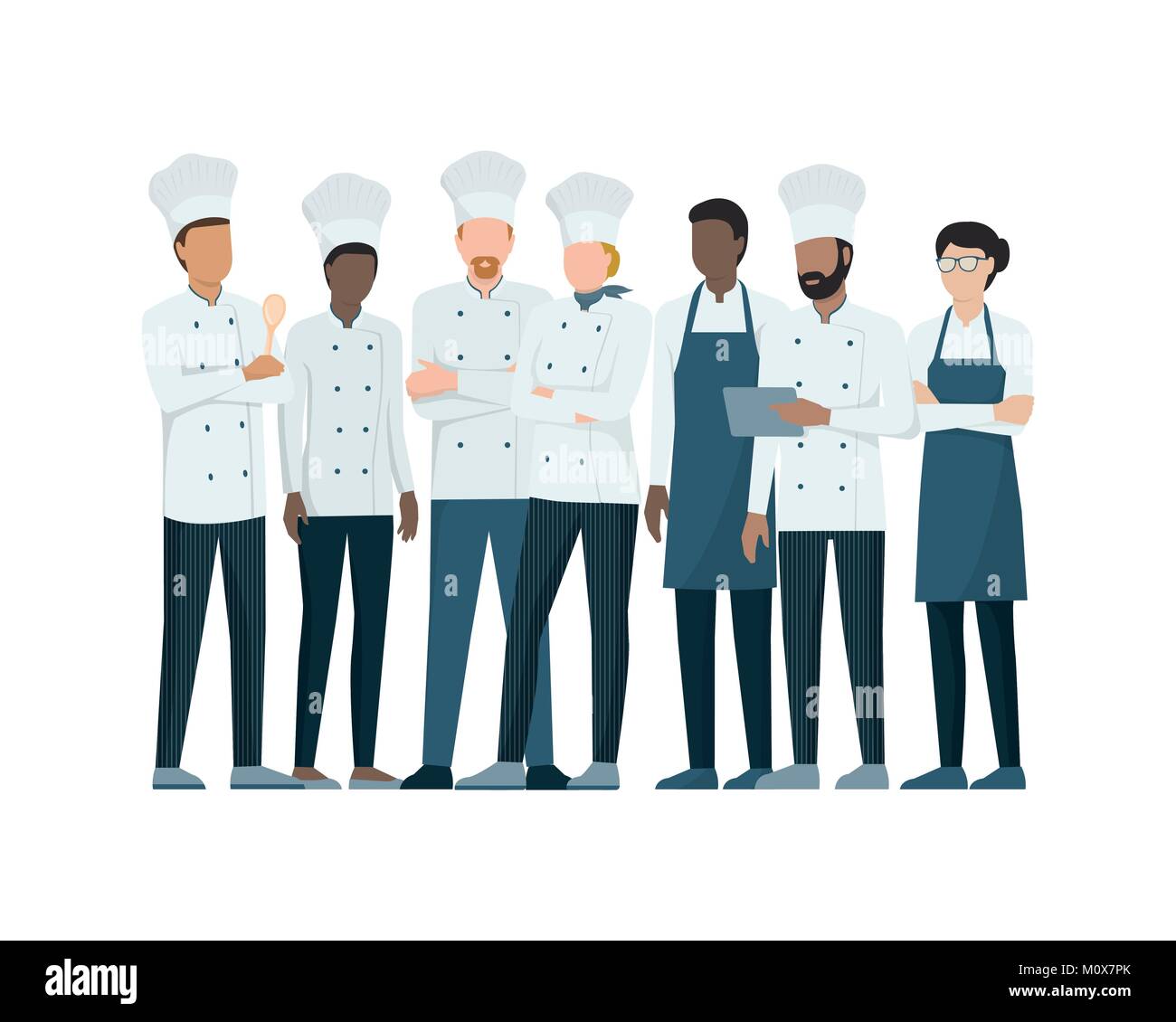 Équipe de cuisiniers professionnels se tenant ensemble sur fond blanc Illustration de Vecteur