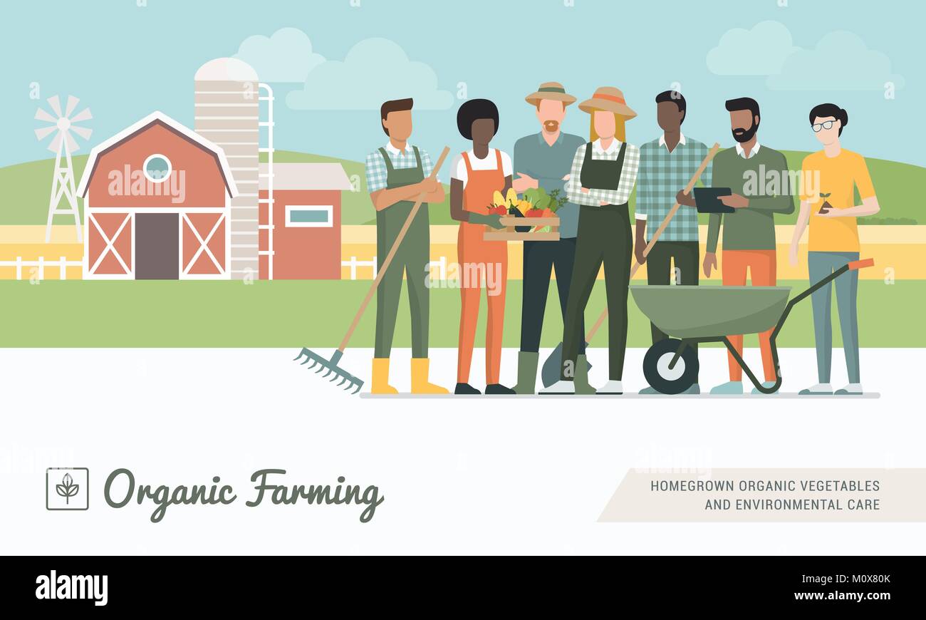 L'équipe de jeunes agriculteurs qui travaillent ensemble et accroître les légumes organiques, la production d'aliments sains concept Illustration de Vecteur
