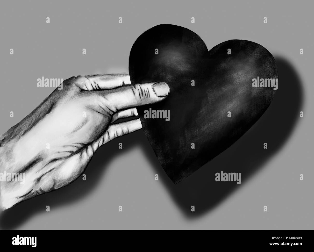 La main réaliste illustration d'une main tenant un cœur dans la peinture numérique dans des tons gris Banque D'Images