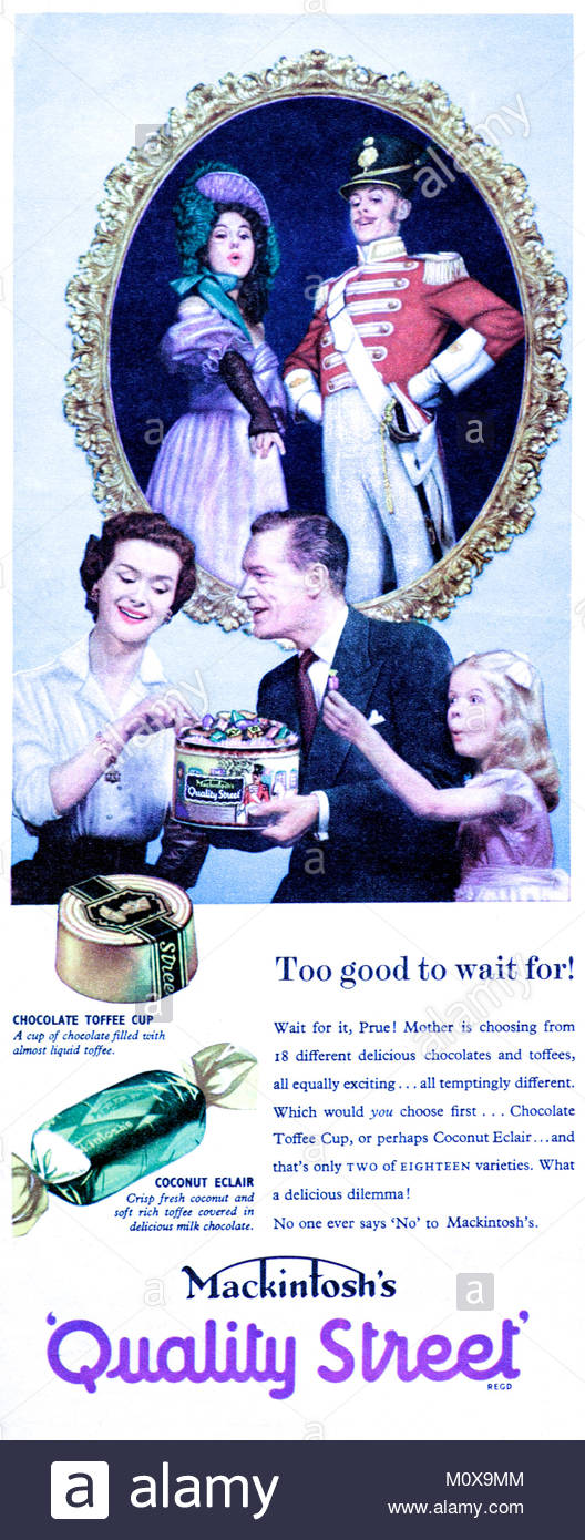 Boîte de chocolats Quality Street Mackintosh's vintage advertising 1955 Banque D'Images