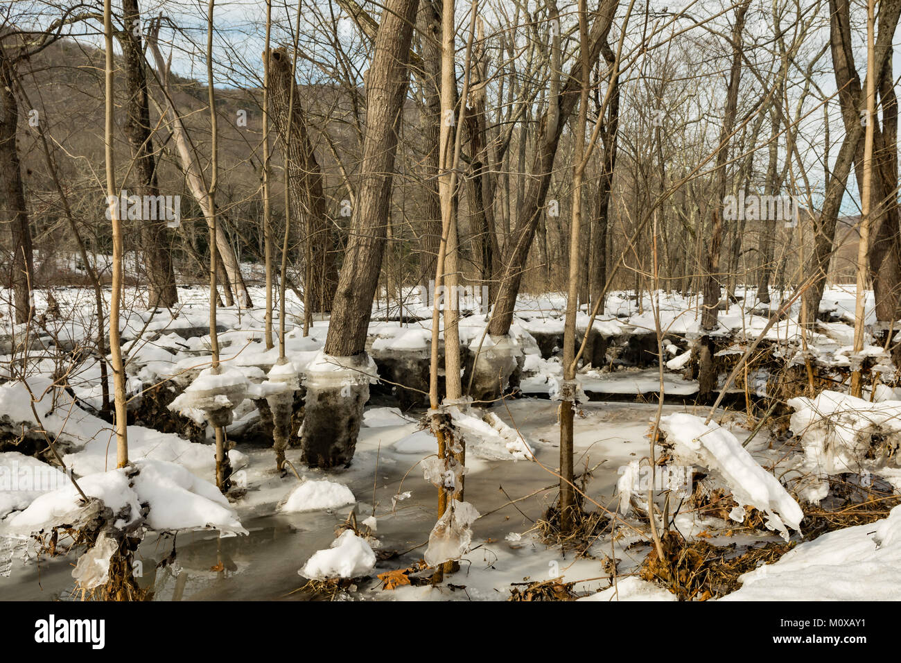 Les dégâts d'un embâcle sur la rivière Housatonic Kent dans le Connecticut. Banque D'Images