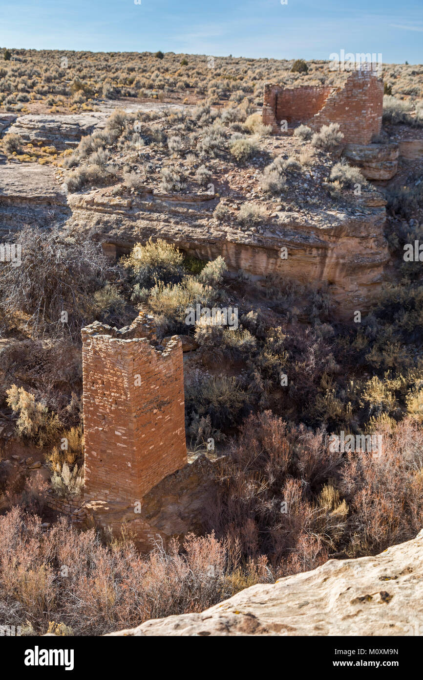 Hovenweep National Monument (Utah) - La Tour Carrée, partie de la ruines Anasazi situé autour de peu de ruiner Canyon. Le bâtiment de deux étages a un sligh Banque D'Images