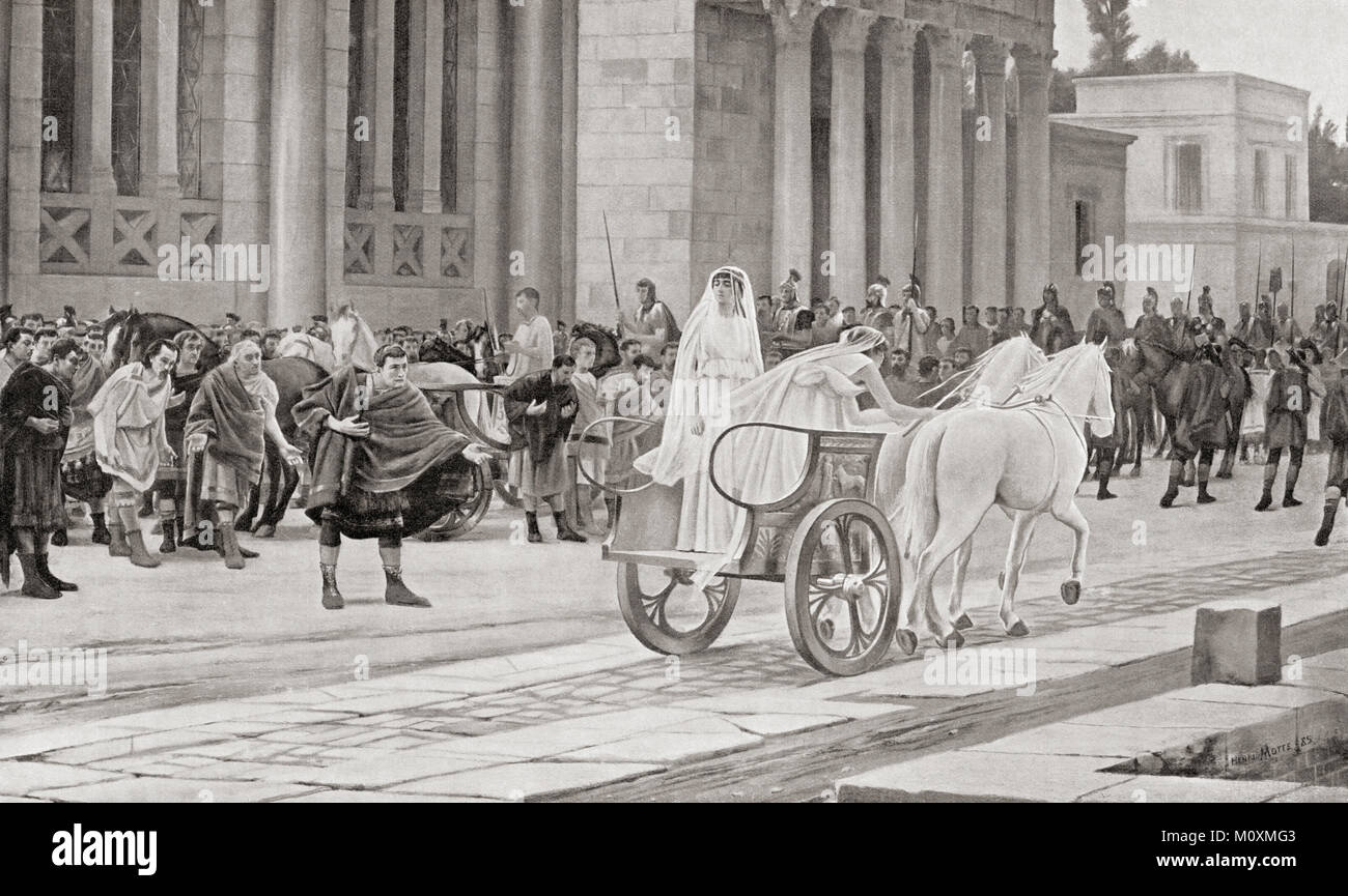 L'adoption de la Vestales. Les Vestales ou Vestales étaient prêtresses de Vesta, déesse du foyer. Pour être admis dans l'ordre, une jeune fille avait d'être libre de tout défaut physique et mentale, ont deux parents et d'être une fille d'une résidente née libre de Rome, ils ont été en mesure de pardonner les prisonniers condamnés à mort lorsqu'ils ont passé dans la rue par hasard. L'histoire de Hutchinson de l'ONU, publié en 1915. Banque D'Images