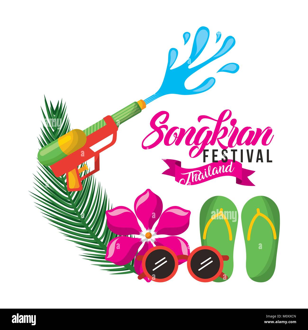 Festival de Songkran en Thaïlande carte avec canon à eau lunettes fleurs flip flop Illustration de Vecteur