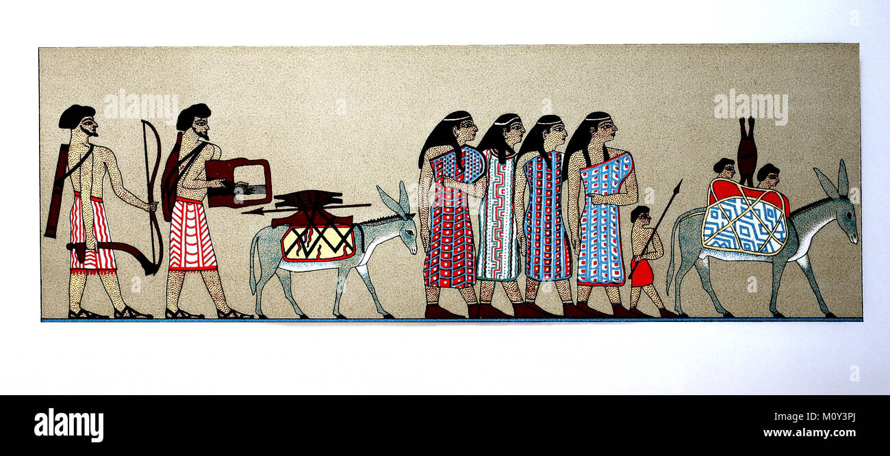 Peintures murales de la tombe de Showtime Chnumhotep II, ca. 1870 BC, distingué Bédouin sémitique, hommes, femmes et enfants, sous le chef Shabb, le prince des highlands, venir avec des cadeaux, de l'amélioration de l'ancienne Egypte, d'un fichier numérique d'origine de l'impression 19. siècle Banque D'Images