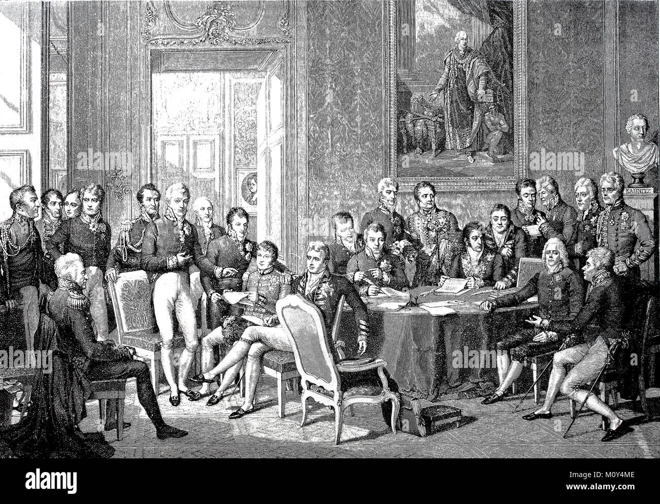 Le Congrès de Vienne, qui a eu lieu du 18 septembre 1814 au 9 juin 1815, a été suivi par les plénipotentiaires des huit puissances impliquées dans l'amélioration de la paix de Paris, d'un fichier numérique d'impression d'origine du 19 siècle. Banque D'Images