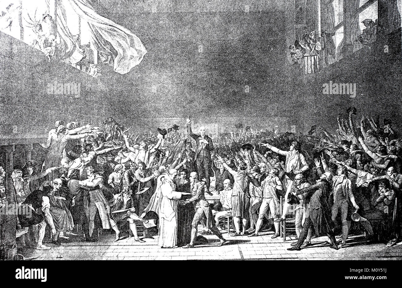 Le serment dans la salle de bal du 20 juin 1789, Bailly lit le serment que les membres du Tiers État de la États Généraux à Versailles juré de ne pas se disperser avant de donner à la France une constitution, l'amélioration d'un fichier numérique d'origine du 19 siècle. Banque D'Images