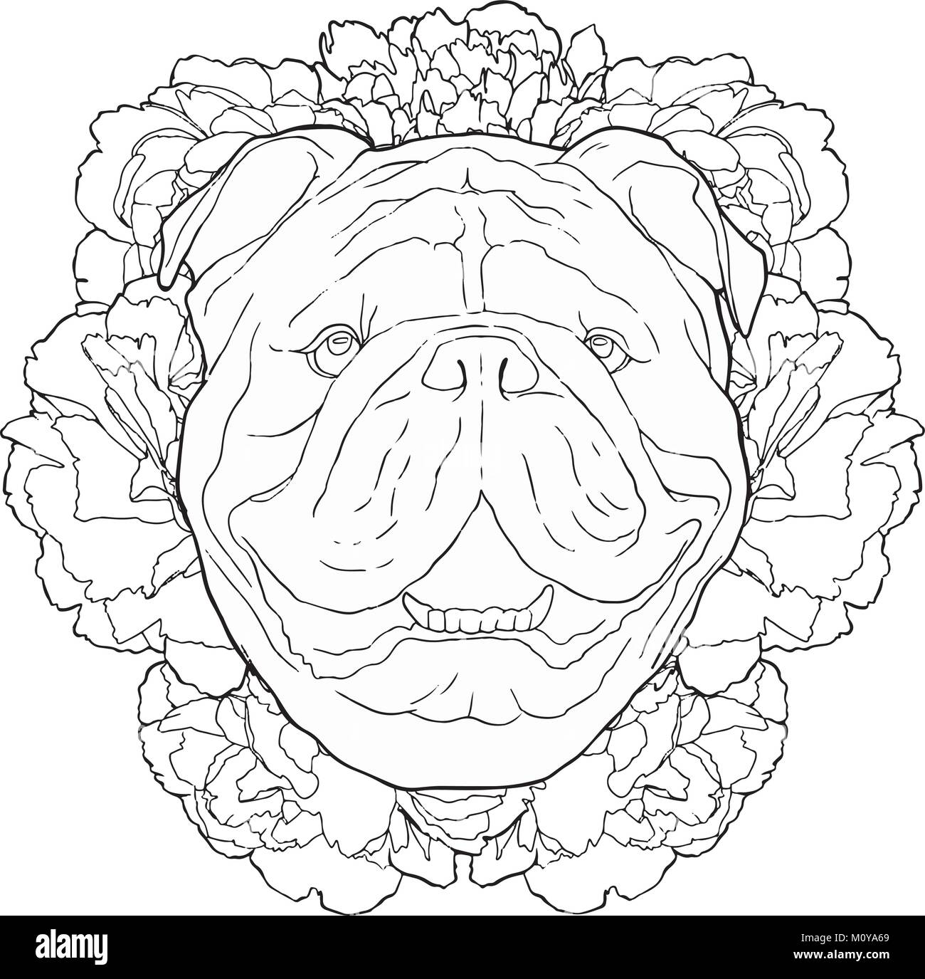 Contour noir illustration de bulldog et de pivoines. Hand drawn dog face avec floral background. Livre de coloriage vecteur page. Illustration de Vecteur
