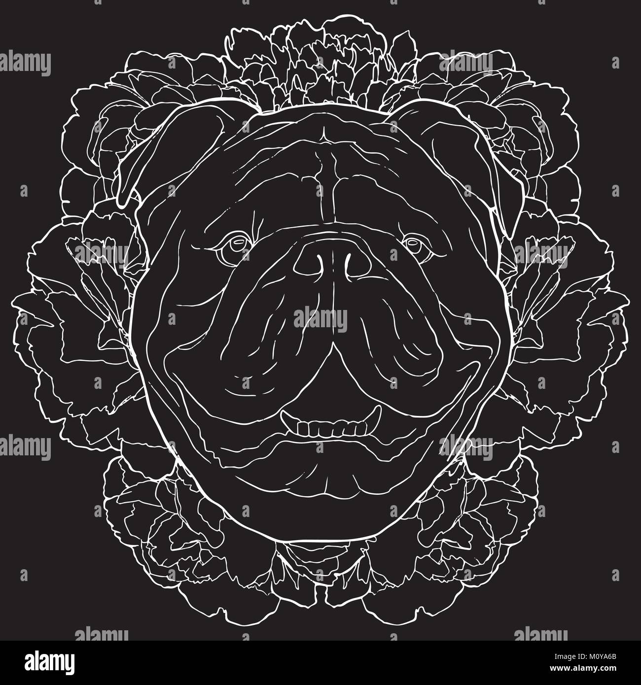 Bulldog vecteur et fleurs contour blanc croquis sur fond noir. Dog face dimensions en face de pivoines. Illustration de Vecteur