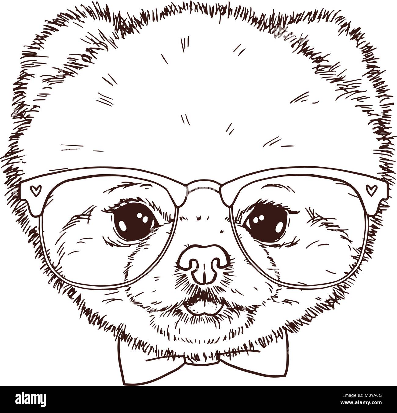 Isolé en noir et blanc chien pomeranian tête avec nœud papillon et des lunettes. Vector hand drawn puppy visage. Illustration de Vecteur