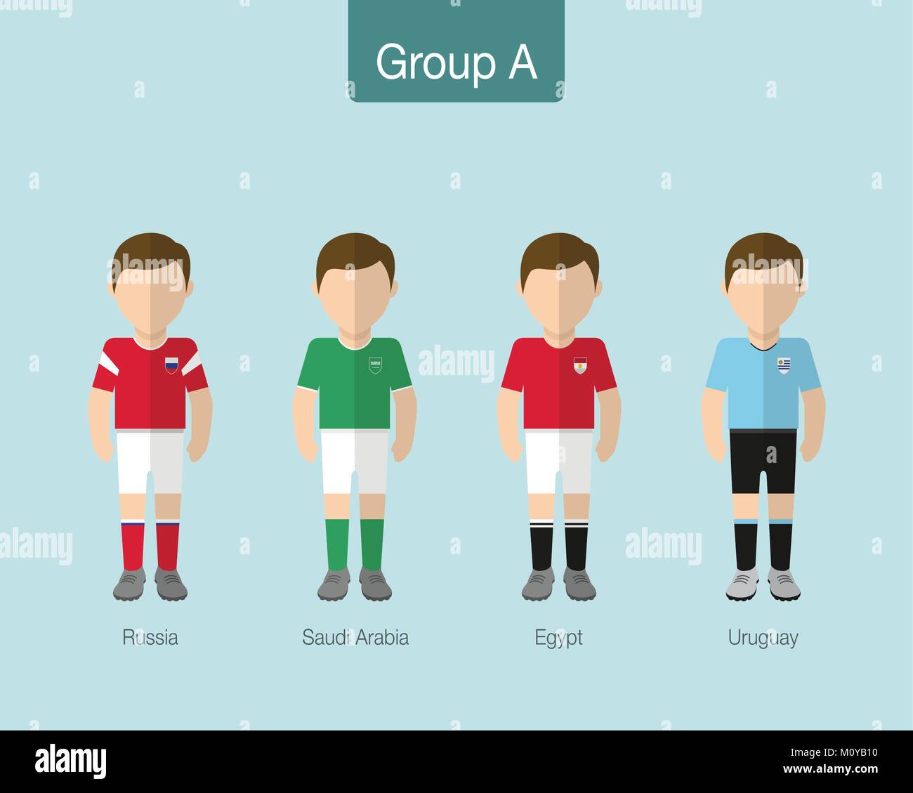 2018 L'équipe de soccer ou de football uniforme. Un groupe avec la Russie, l'ARABIE SAOUDITE, l'Egypte, de l'URUGUAY. Modèle plat. Vector illustration. Illustration de Vecteur