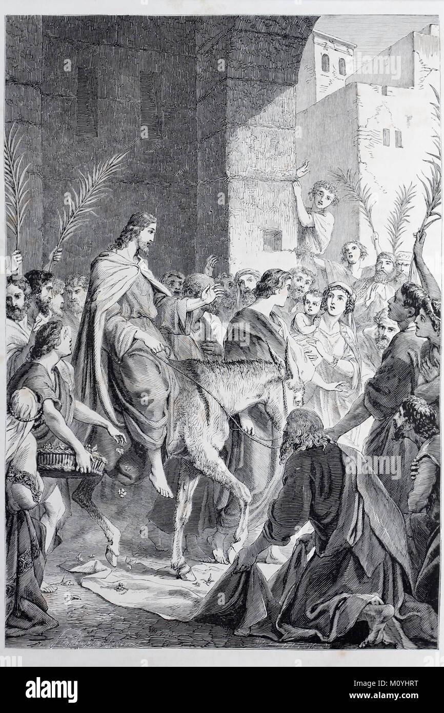 Entrée à Jérusalem de Jésus,illustration historique dans une vieille Bible, la Sainte Écriture Banque D'Images