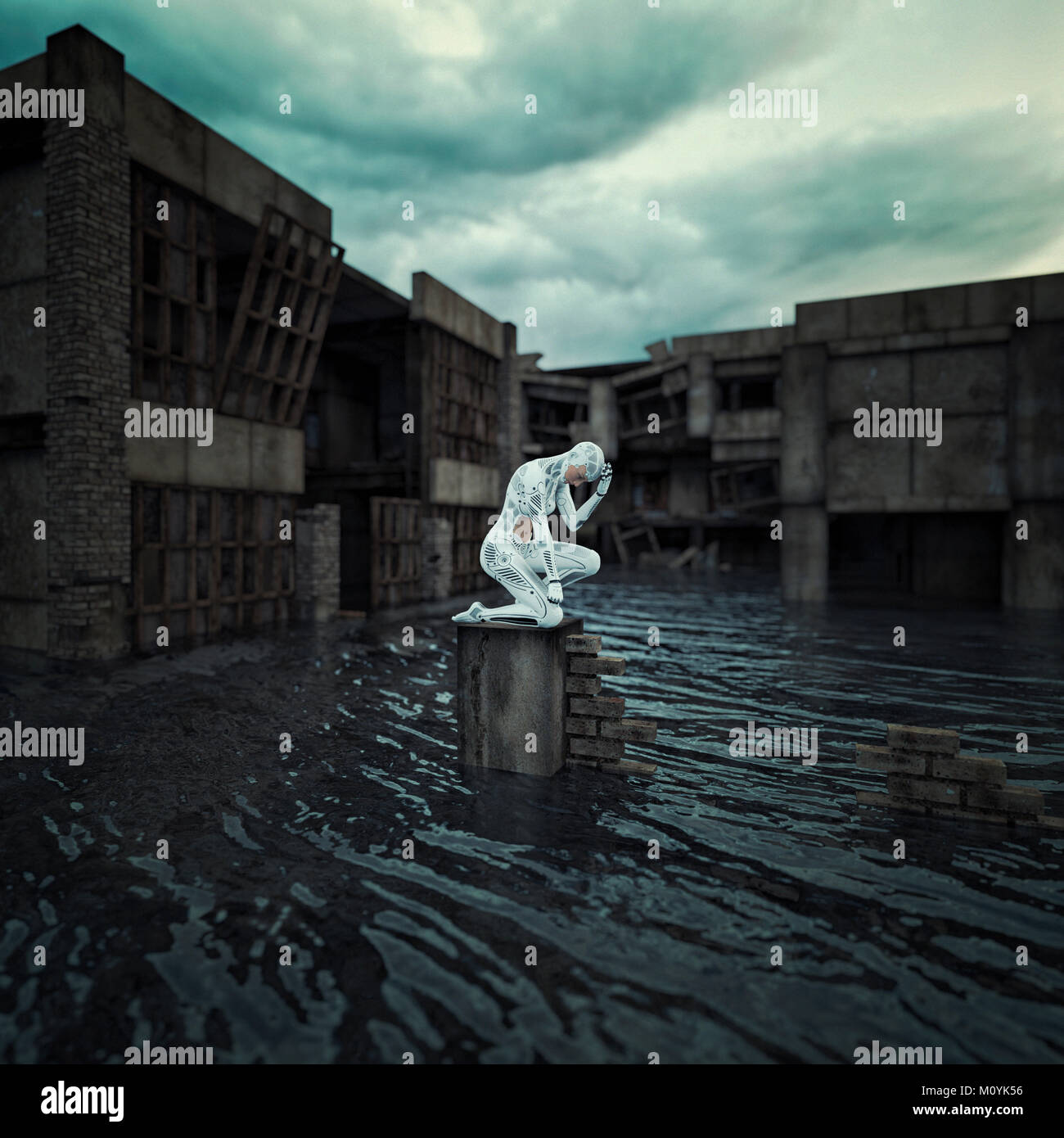 Robot à genoux sur mur cassé en crue Banque D'Images