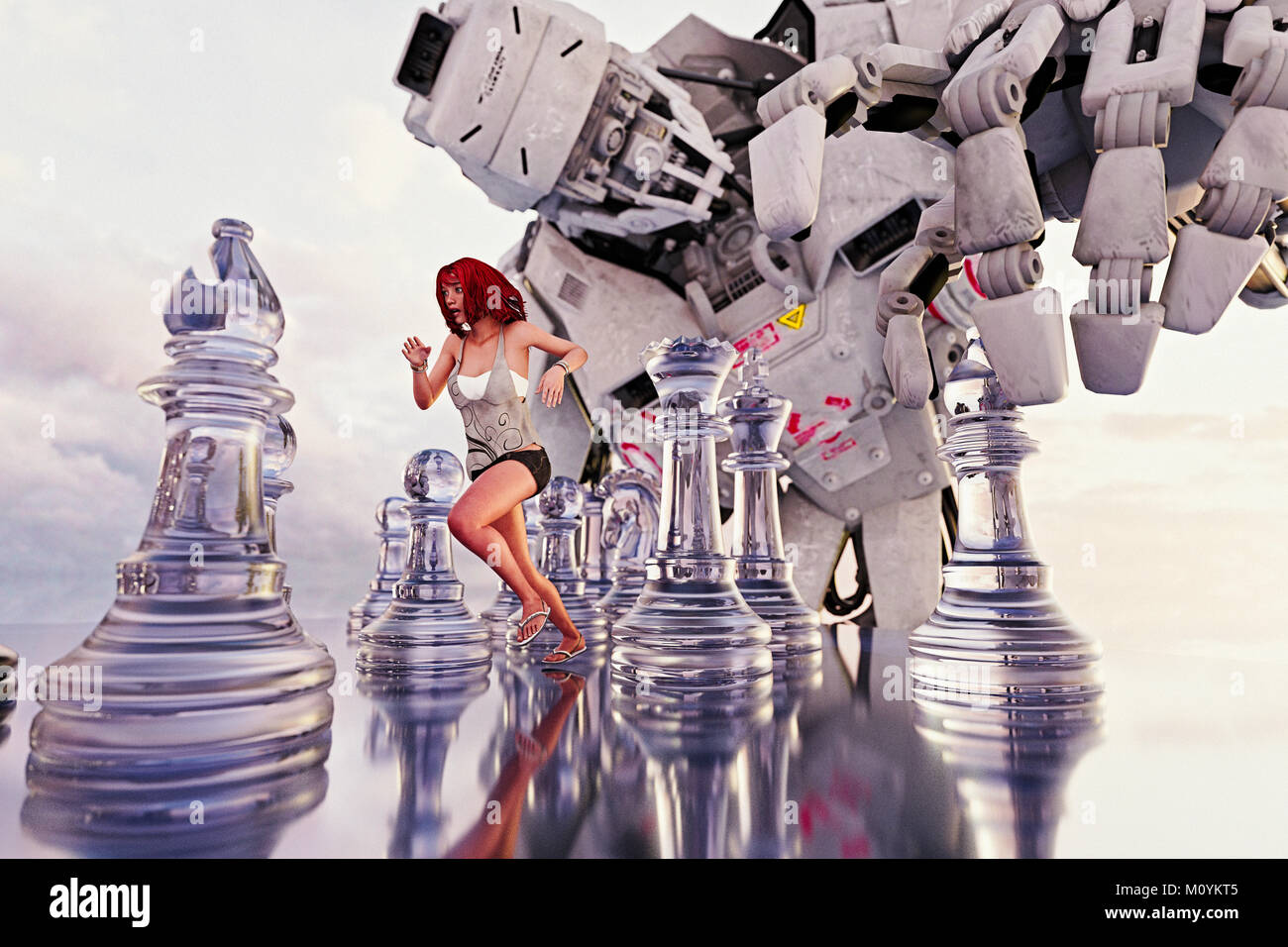 Femme en marche entre les pièces des échecs de robot géant Banque D'Images
