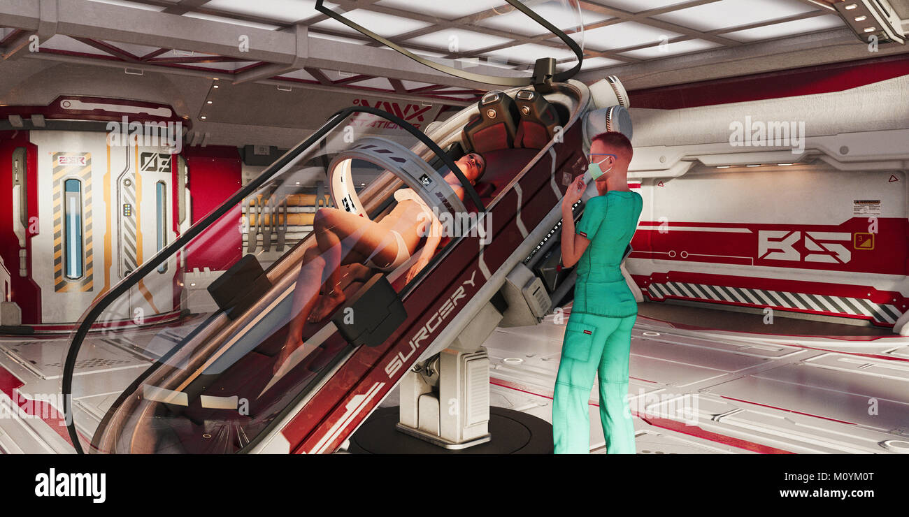 Femme debout près de chirurgien sur table d'opération futuriste Banque D'Images