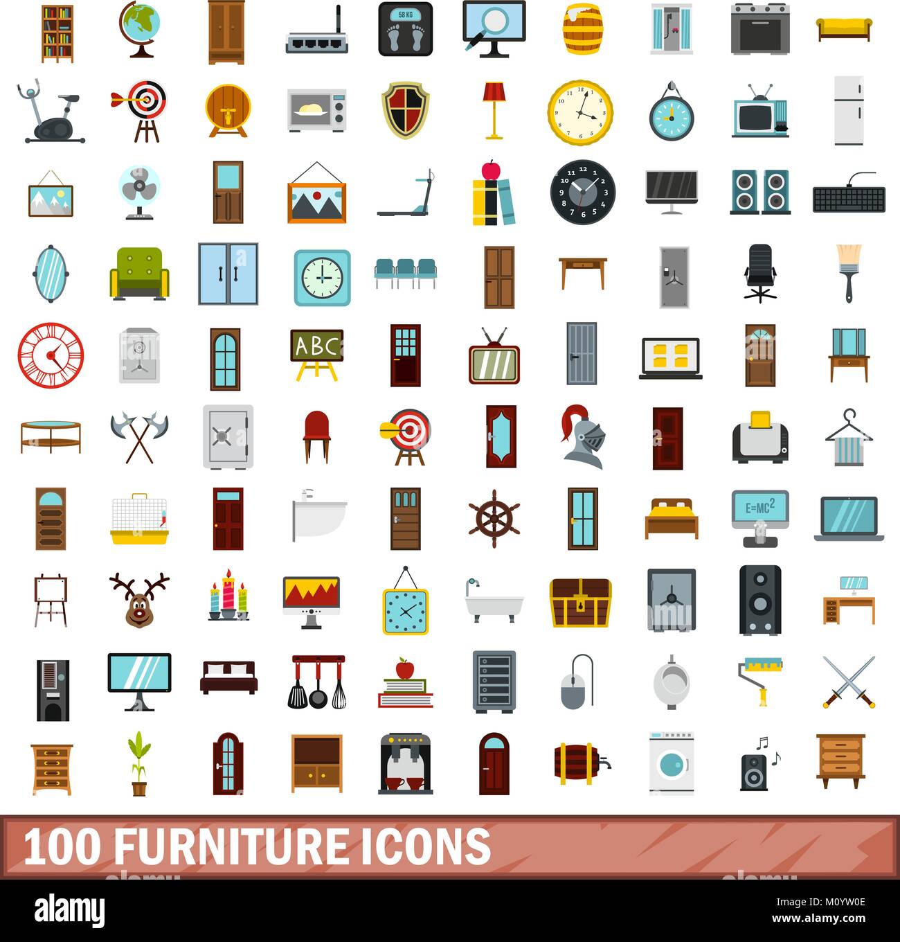 100 icons Set de meubles de style, télévision Illustration de Vecteur