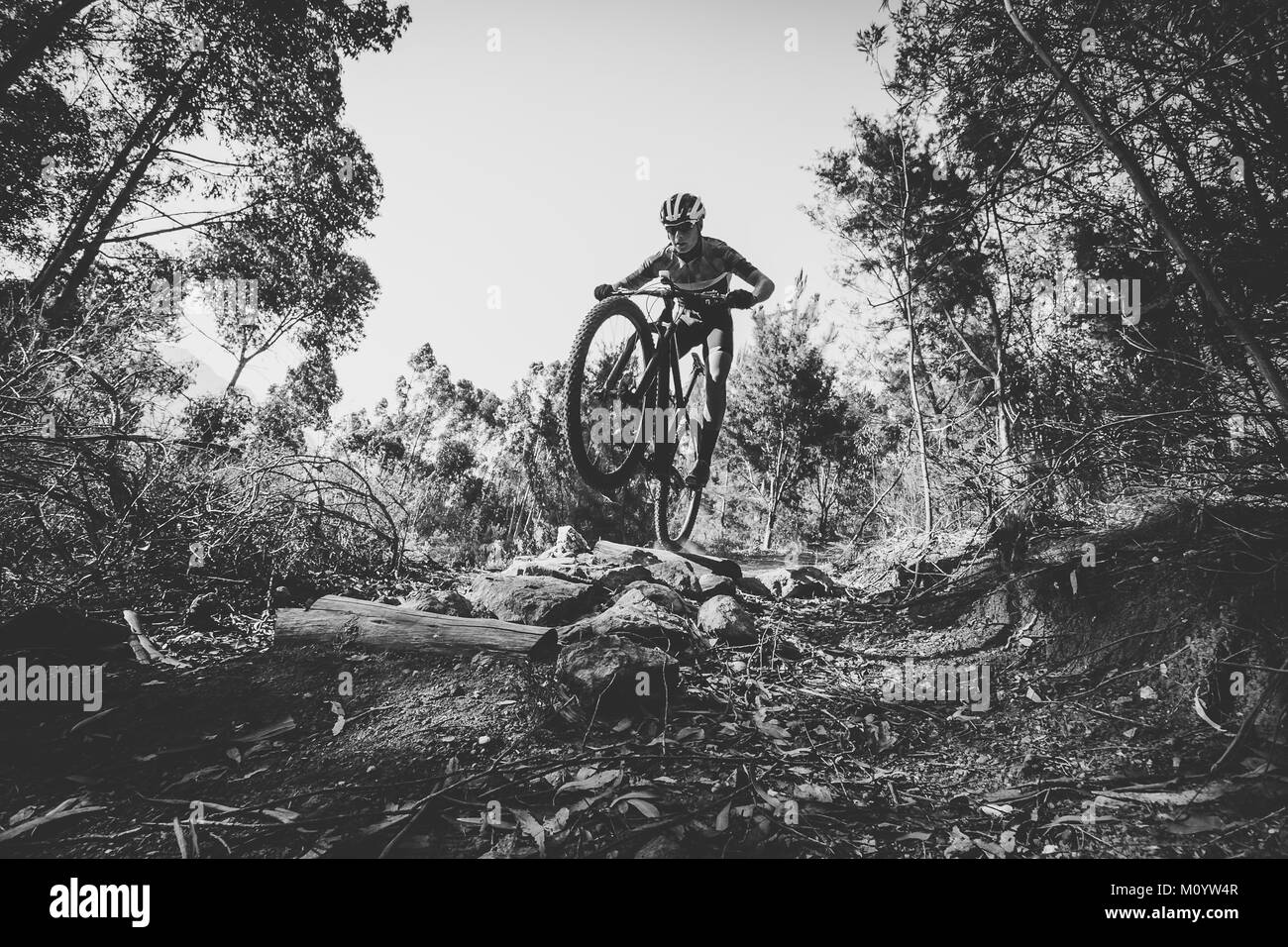 Vue grand angle d'un excès de vélo de montagne en descente sur une piste de vélo de montagne dans les bois Banque D'Images