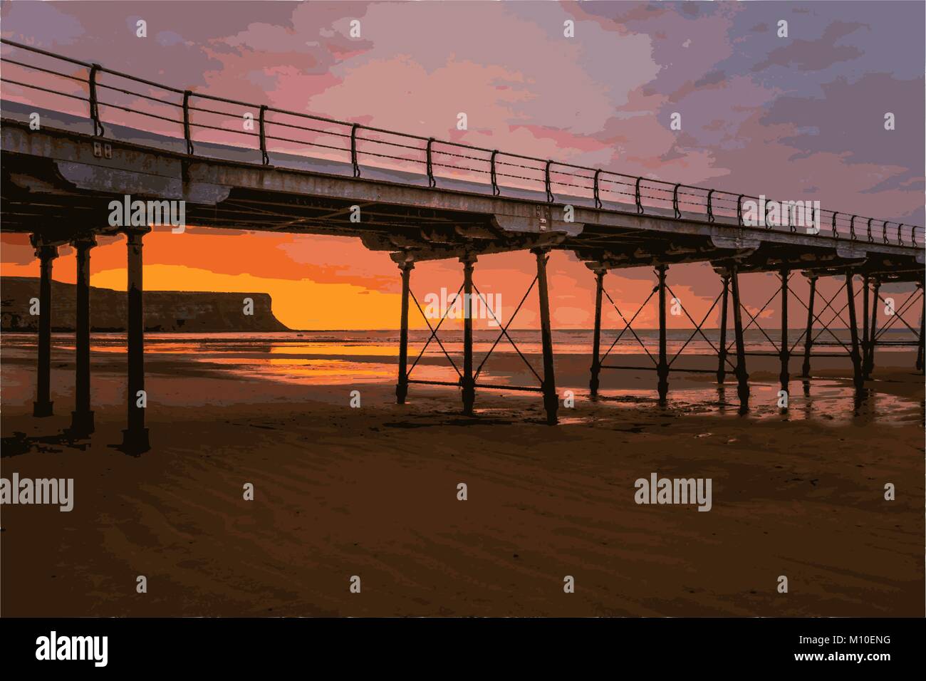 Pont sur plage avec le coucher du soleil Illustration de Vecteur
