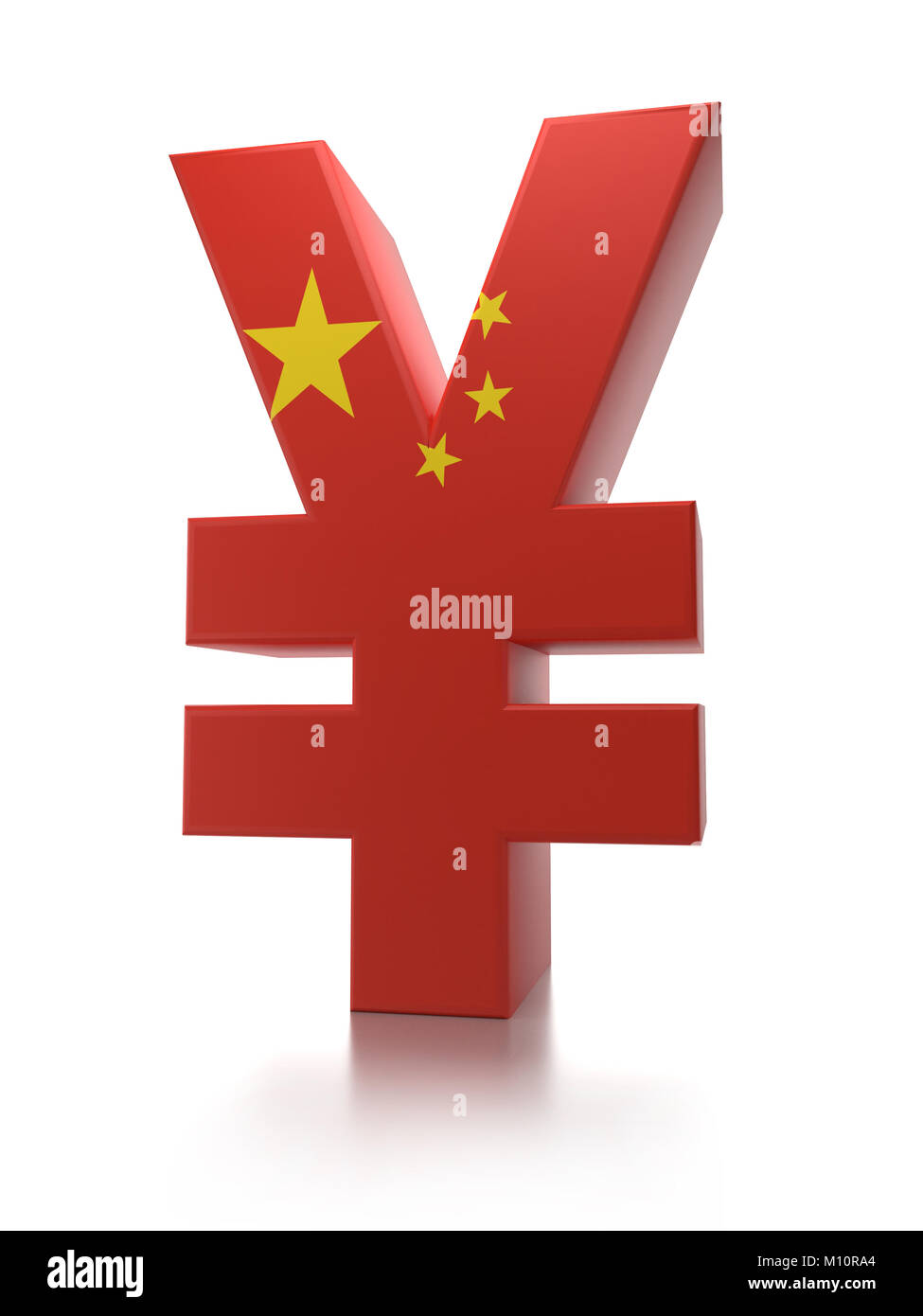 Le rendu 3D de l'Yuan chinois symbole monétaire enroulé autour avec drapeau chinois sur fond blanc Banque D'Images