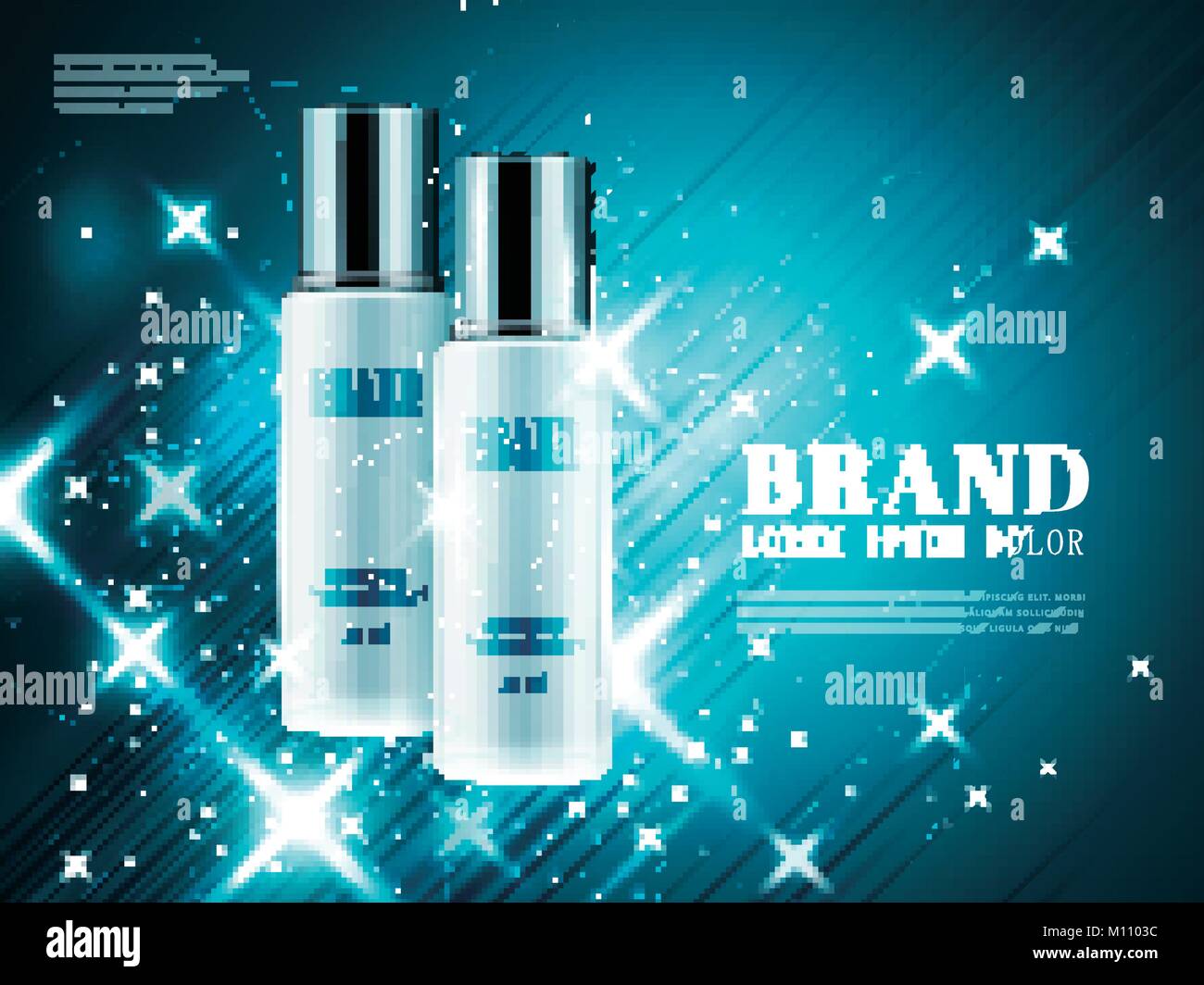 Annonces produit cosmétique, blanc bouteille avec bouchon argenté isolé sur fond bleu brillant en 3d illustration Illustration de Vecteur