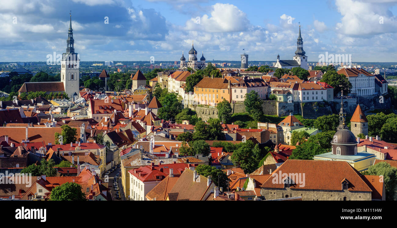 Vue panoramique sur le toit de tuiles rouges de la vieille ville médiévale de Tallinn sur la colline de Toompea, l'Estonie Banque D'Images