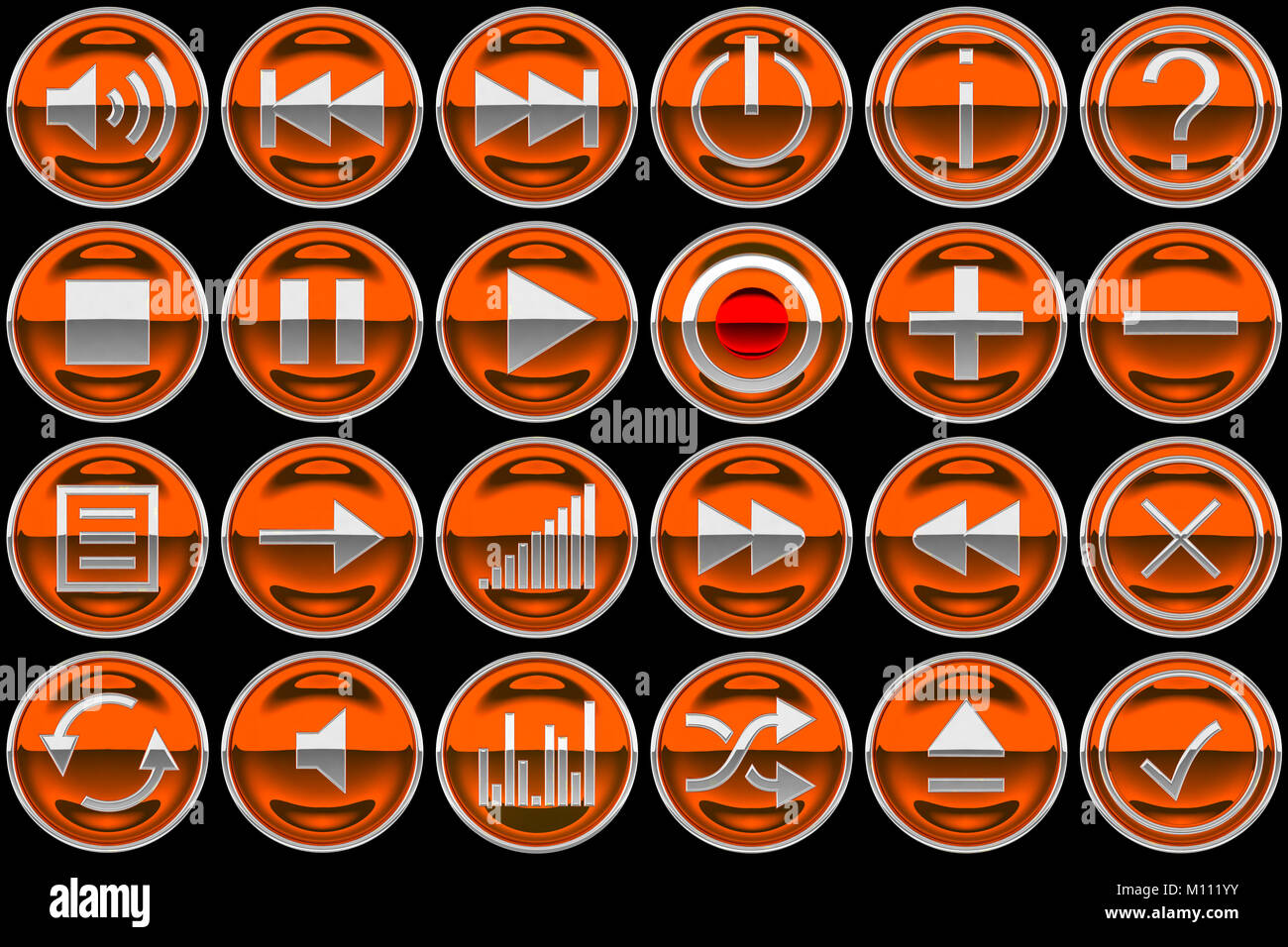 Orange ronde des icônes ou des boutons du panneau de commande isolated on black Banque D'Images