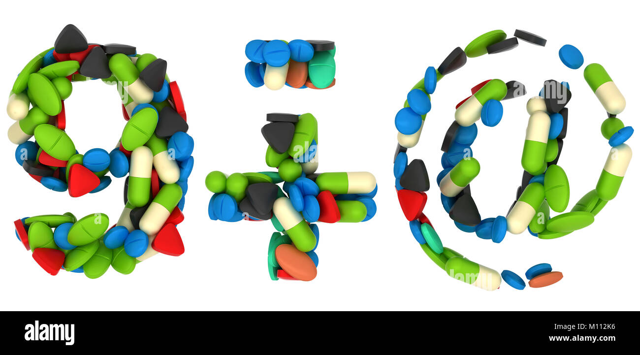 Comprimés font 9 plus moins et symboles à isolated over white Banque D'Images