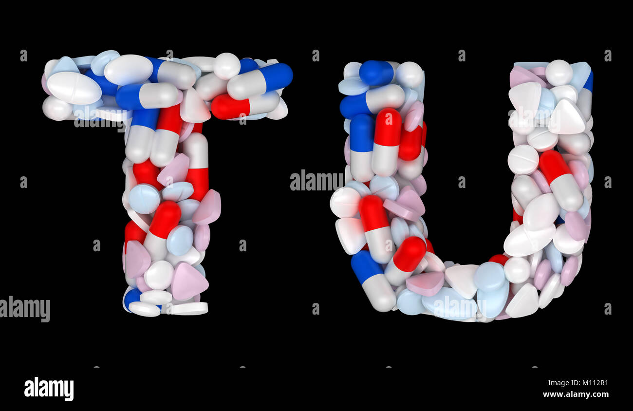 Pharmacie font T et U comprimés lettres sur fond noir Banque D'Images