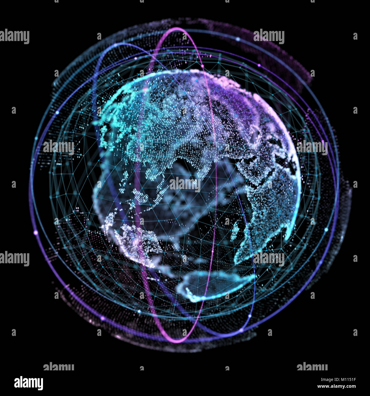 Système mondial de connexions sphère vue du monde sur fond de l'espace sombre. 3d illustration. Banque D'Images