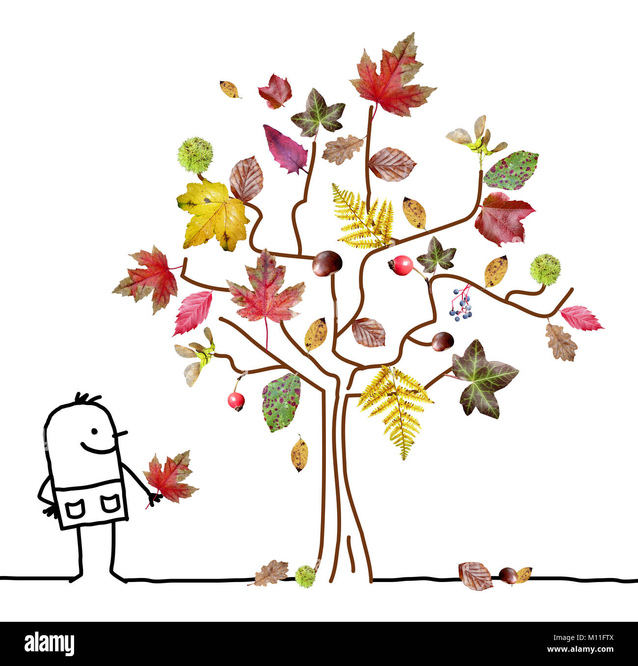 L'homme dessin animé devant un arbre d'automne Banque D'Images