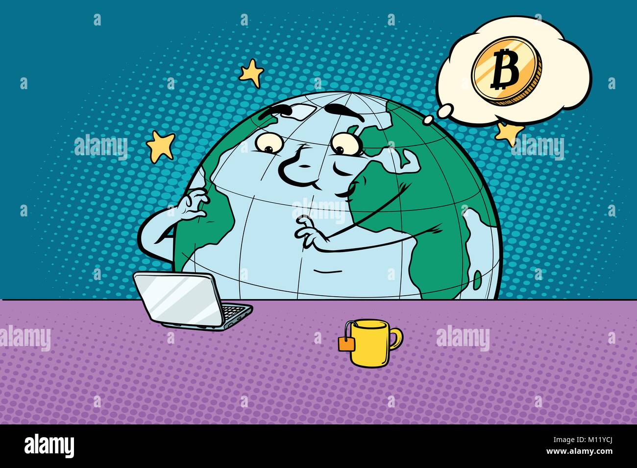 Caractère planète lit les news sur bitcoin. Bande dessinée caricature dessin illustration rétro pop art Illustration de Vecteur