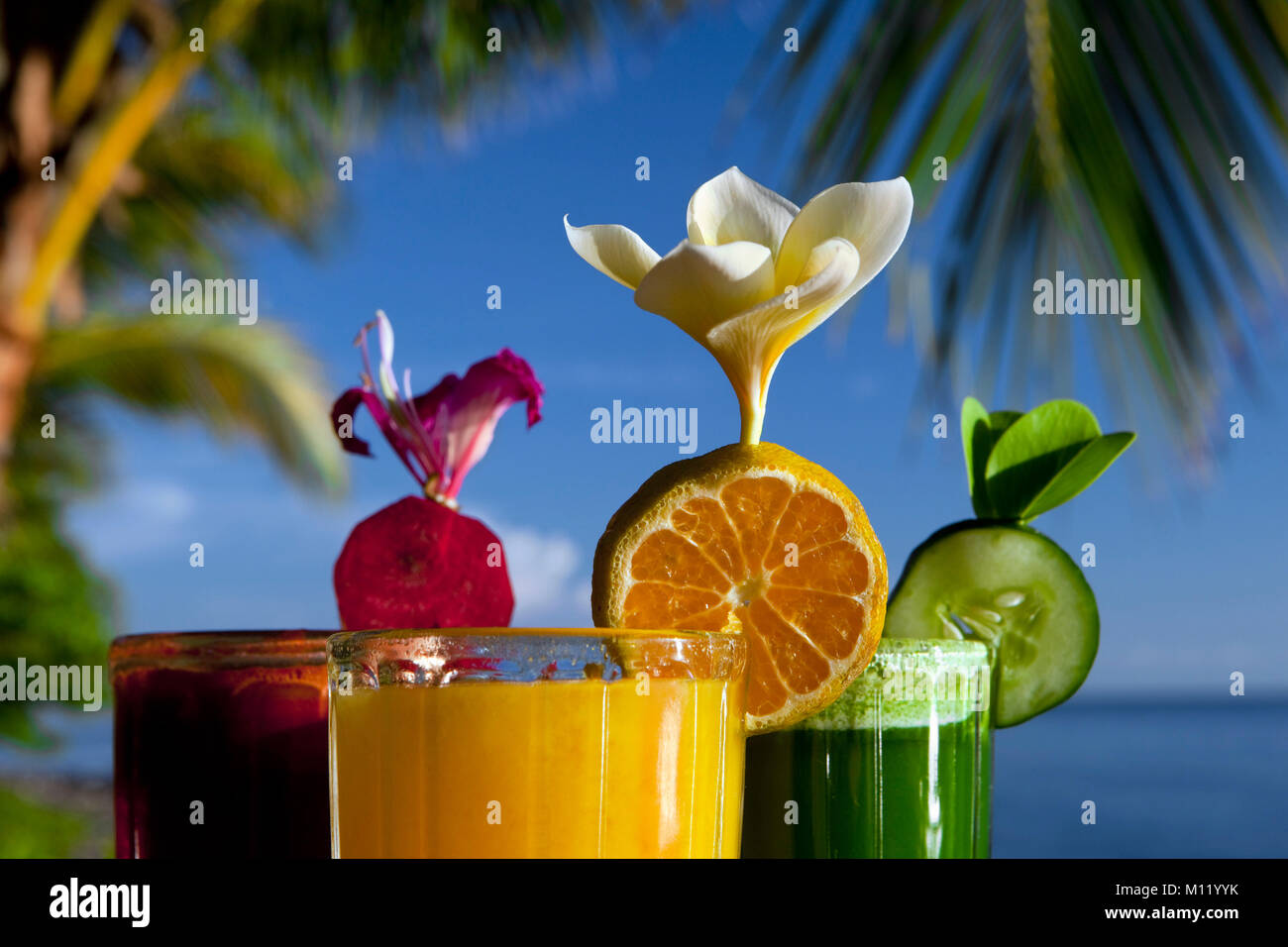 L'Indonésie, île de Bali, près de Tejakula, Gaia Village Oasis Resort. Cocktails de fruits. Orange, jus de betterave et de concombre. Banque D'Images
