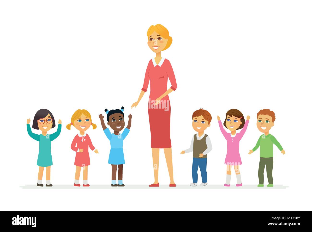 L Enseignant D Ecole Maternelle Avec Des Enfants Personnes Isolees Des Caracteres De Dessin Anime Illustration Image Vectorielle Stock Alamy