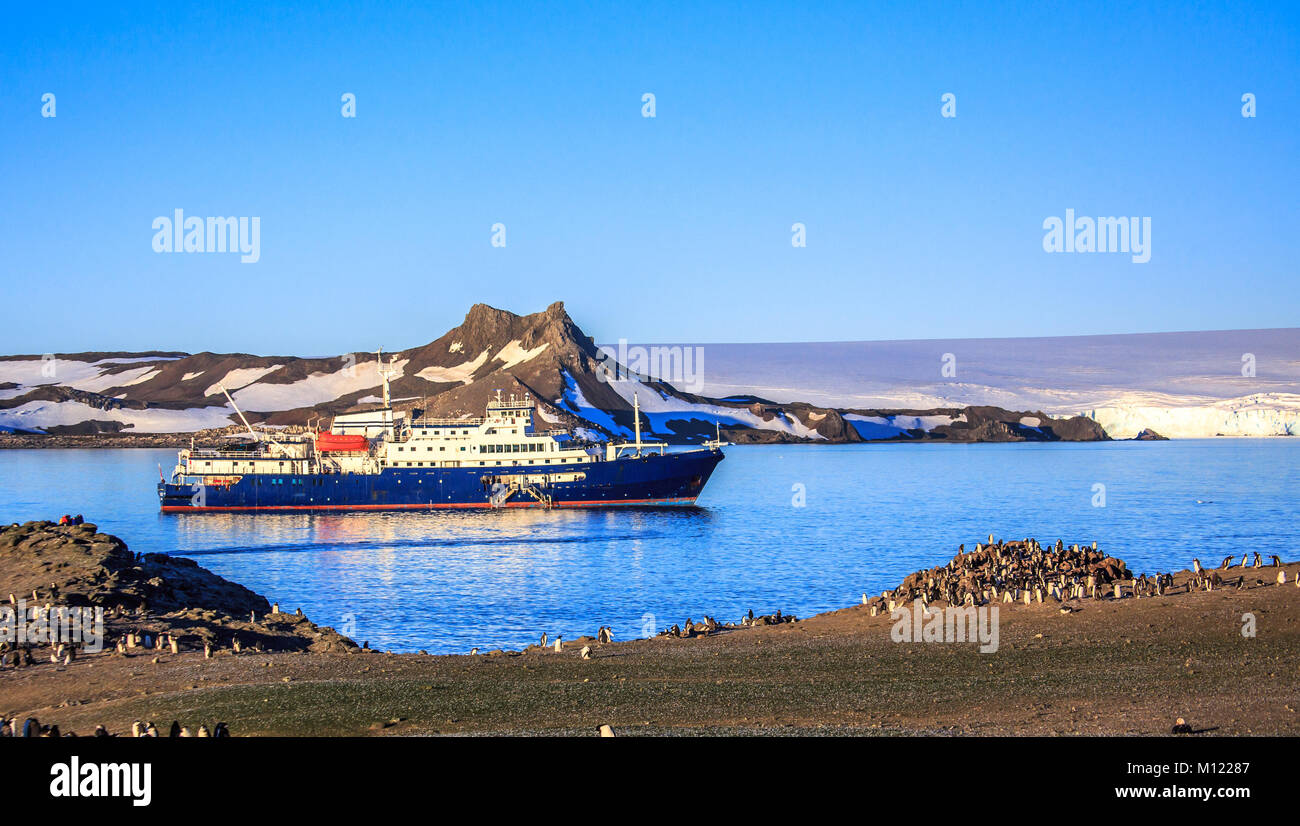 Antarctique bleu bateau de croisière dans le lagon et manchots colonie sur la rive de l'île Barrientos, îles Shetland du Sud, péninsule antarctique Banque D'Images