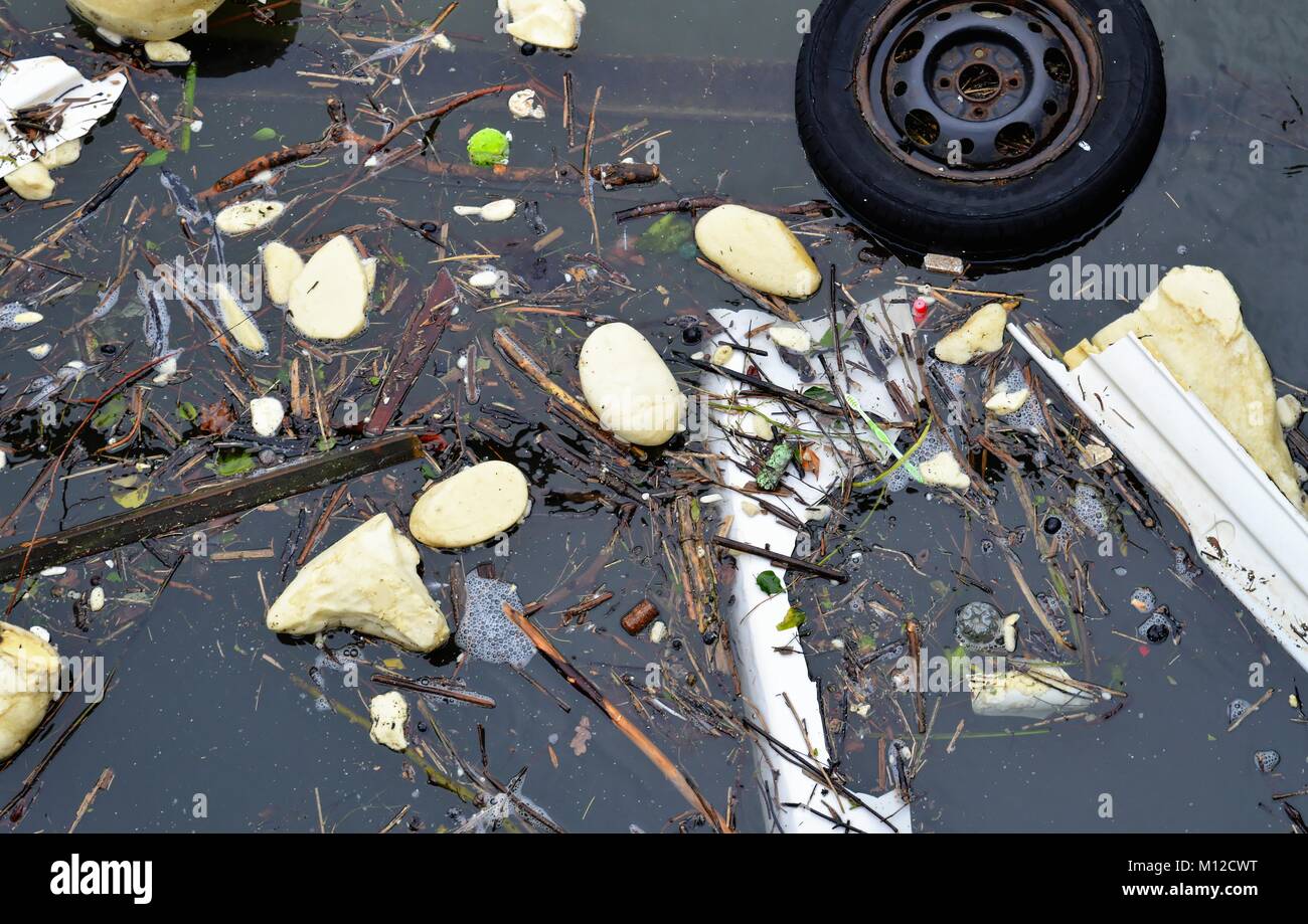 Les déchets et ordures générales surface sur une rivière Banque D'Images