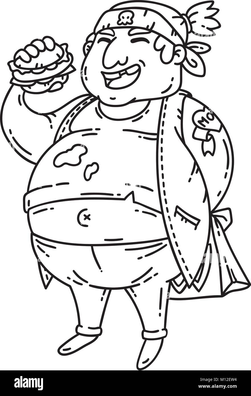 Fat Man avec burger. Caractère obèses. Cartoon vector illustration. Objets isolés sur fond blanc. Pages à colorier. Illustration de Vecteur