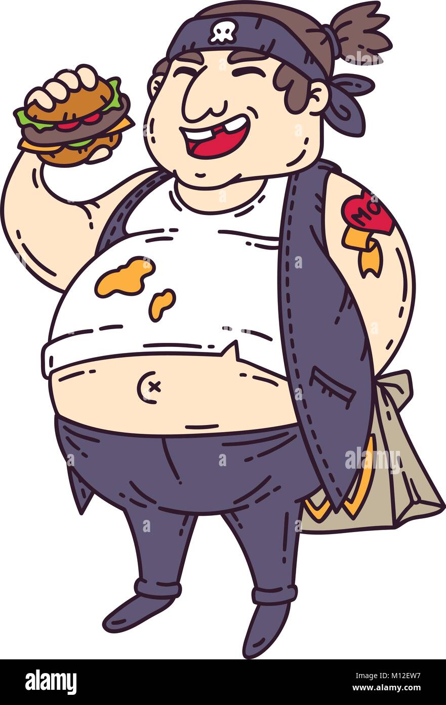 Fat Man avec burger. Caractère obèses. Cartoon vector illustration. Objets isolés sur fond blanc. Illustration de Vecteur