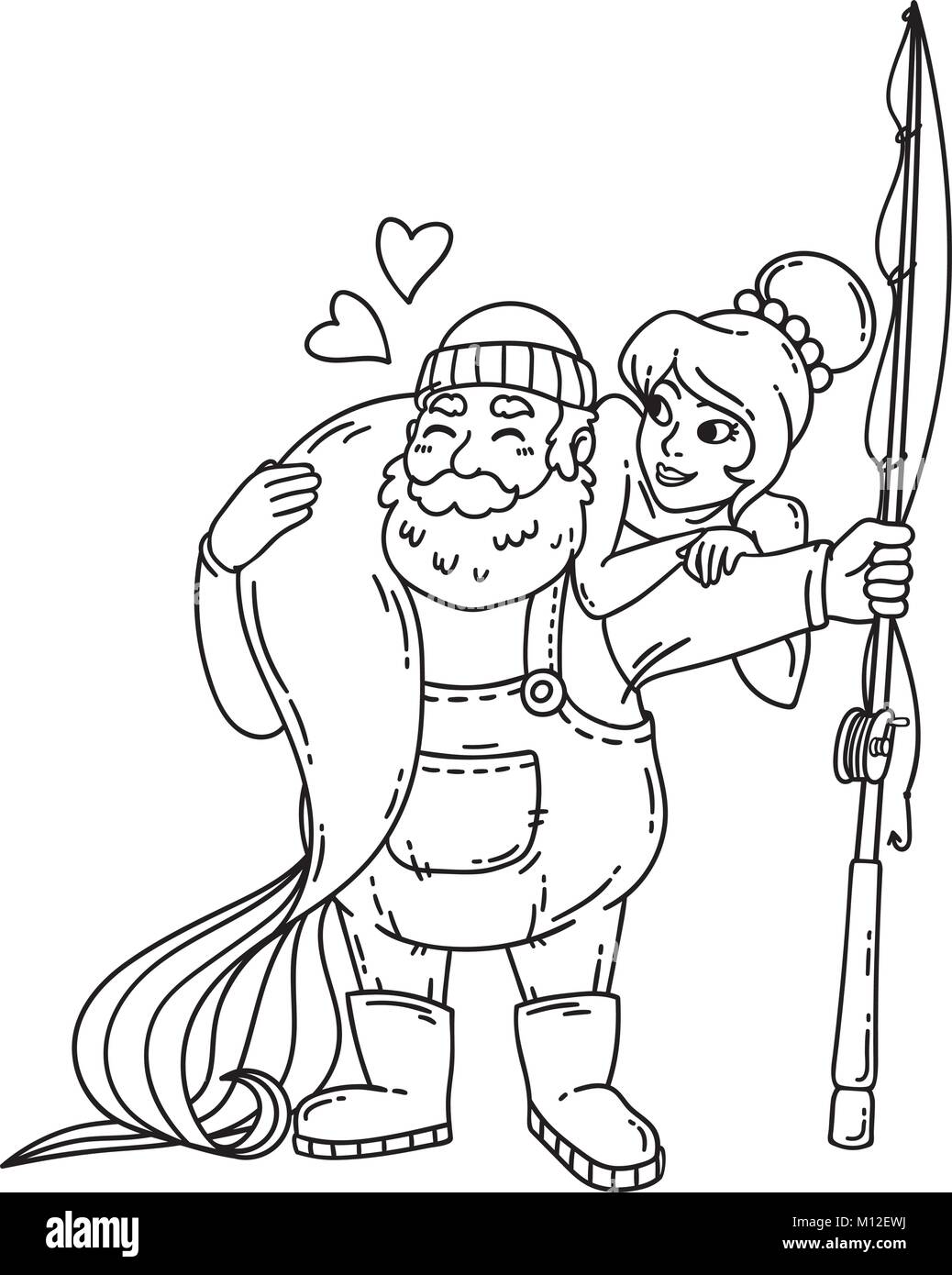 Pêcheur avec sirène. Objets isolés sur fond blanc. Vector illustration. Pages à colorier. Illustration de Vecteur