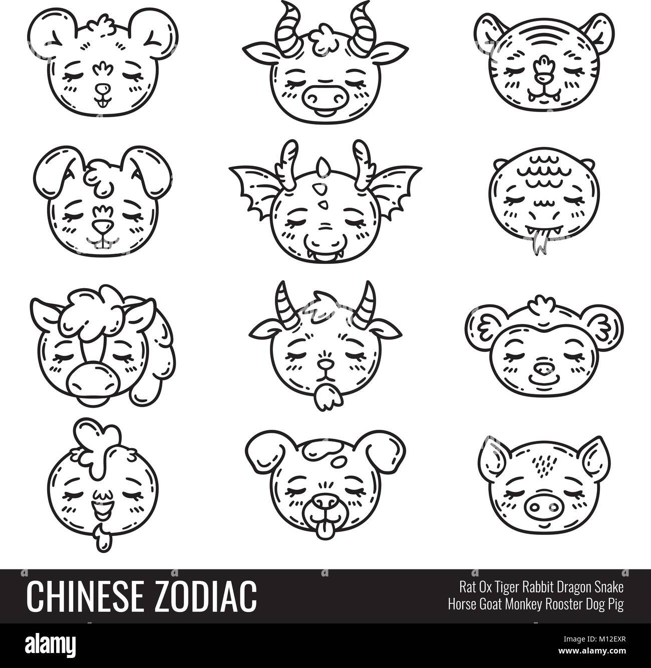 Cute zodiaque chinois. Des animaux marrants. Horoscope. Objets isolés sur fond blanc. Vector illustration. Illustration de Vecteur