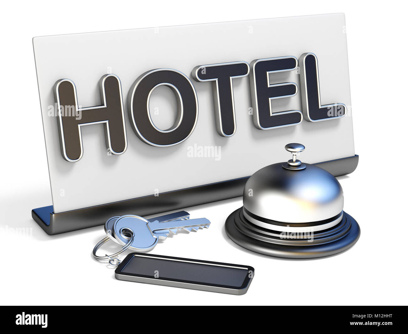 Hôtel bell, signer et hôtel keys 3D render illustration isolé sur fond blanc Banque D'Images