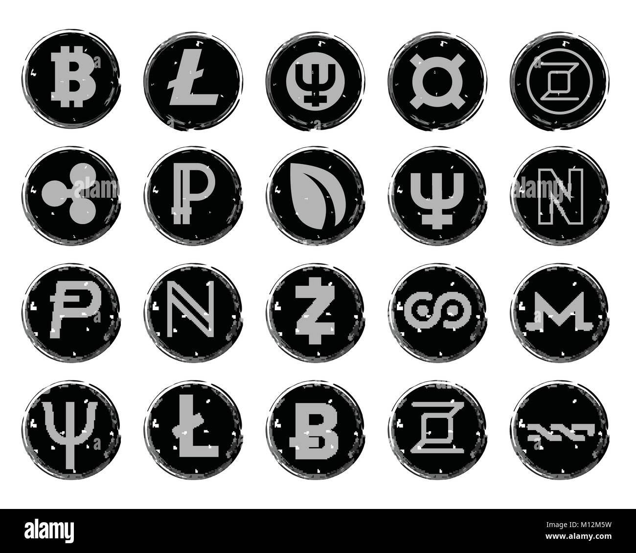 Vingt icônes vectorielles noir et blanc avec des images de divers symboles de devises numériques, tels que crypto bitcoin. Illustration de Vecteur