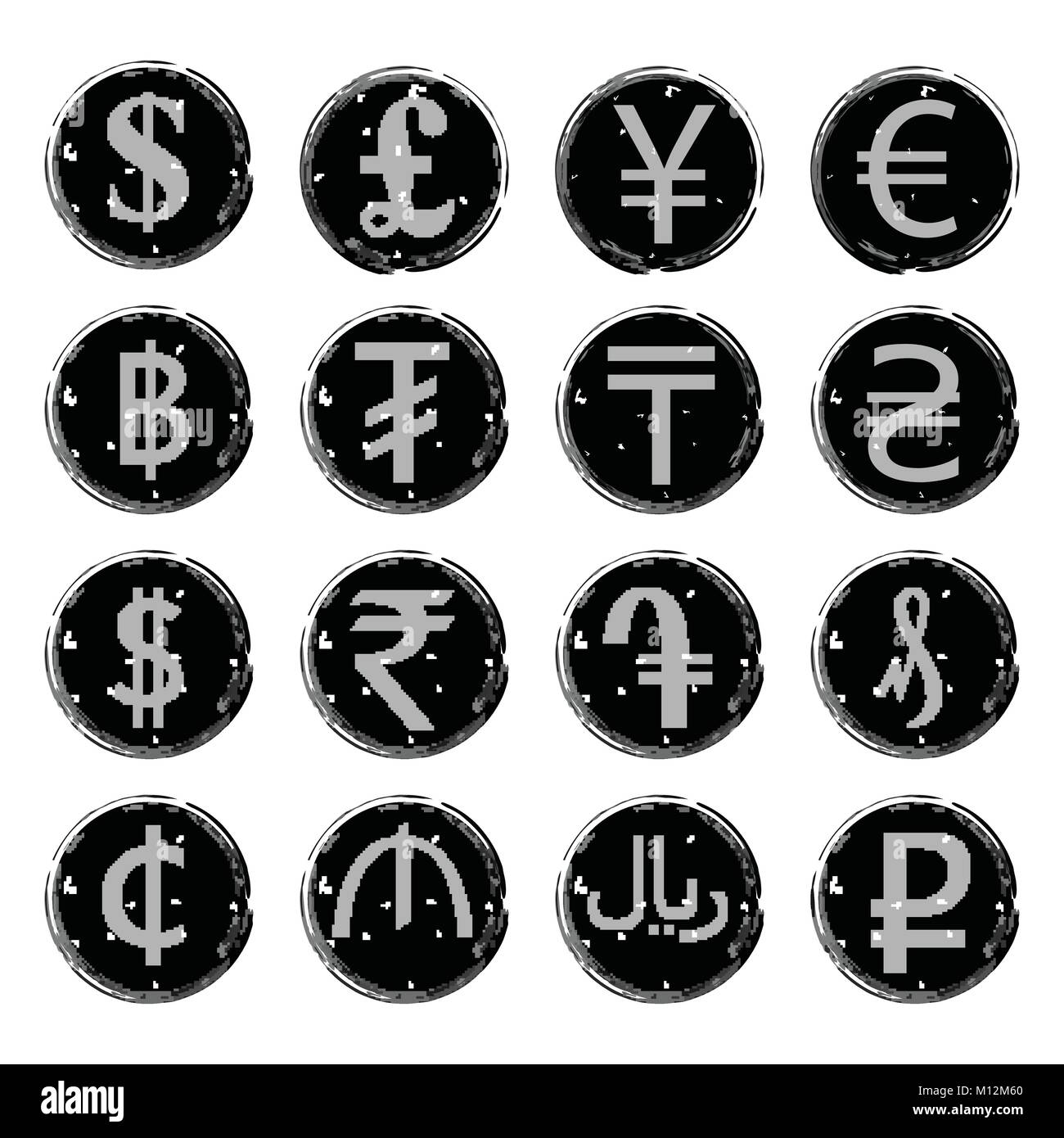 Noir et blanc 16 icônes grunge vector avec des images de symboles monétaires modernes de divers pays, pour les bureaux de change. Illustration de Vecteur