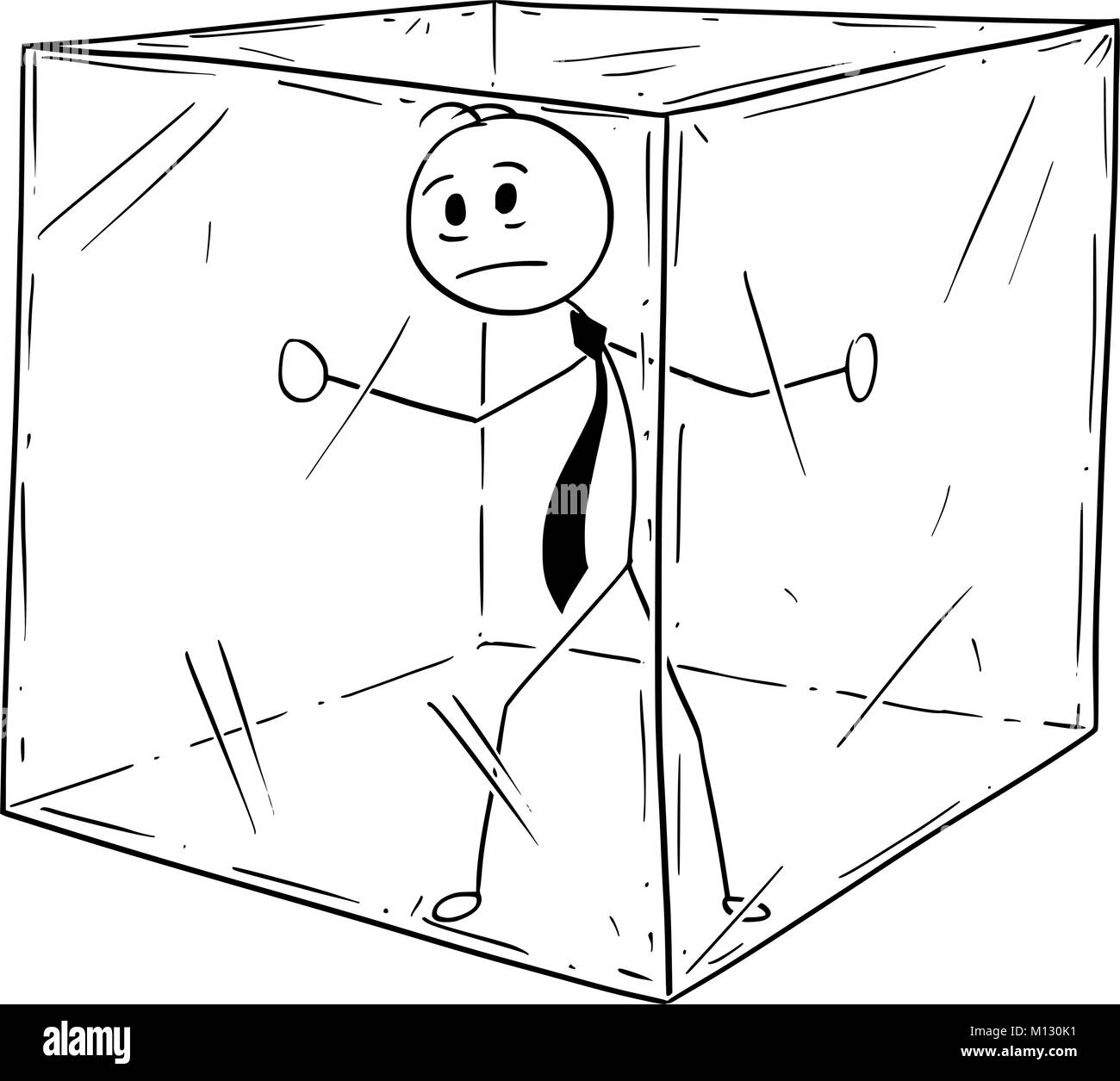 Caricature de Businessman conceptuel à l'intérieur de la bulle de verre emprisonnés Cube Illustration de Vecteur