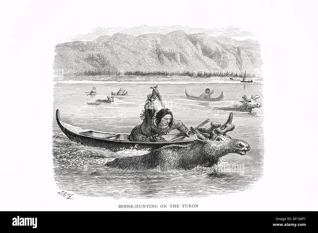La chasse à l'orignal par les autochtones sur le fleuve Yukon, Alaska Banque D'Images